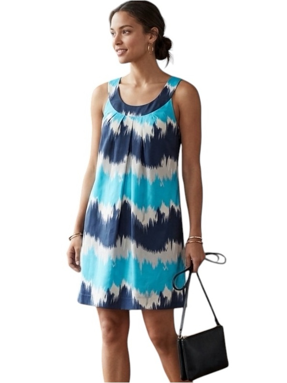 Club Monaco Aqua, Navy & White Ikat Sleeveless Shift Dress Size 2